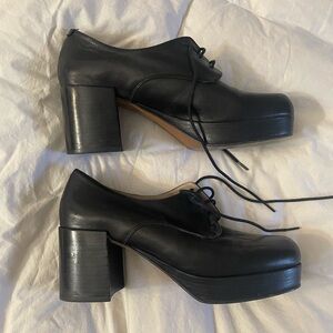 Black Leather Platform Lace-Up Heels